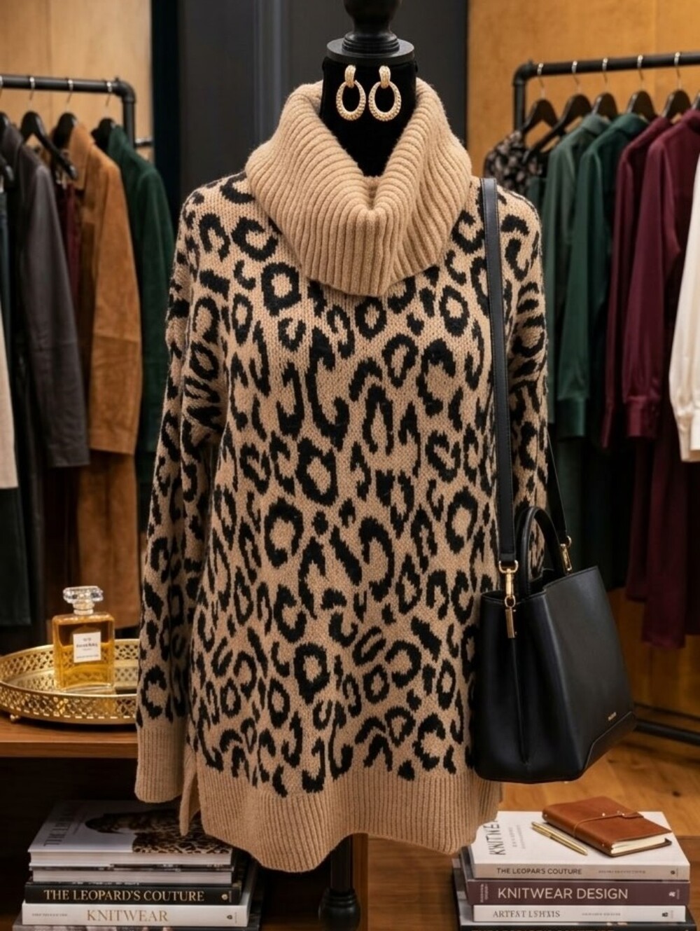 Rachel Zoe Beige and Black Leopard-Print Cowl Neck Sweater